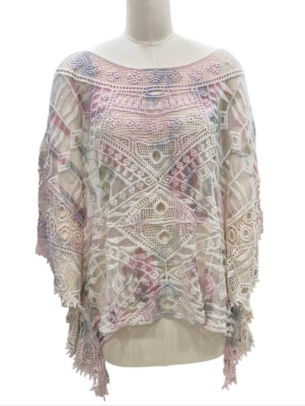 Origami Boho crochet top women's one size pink cream sheer mesh